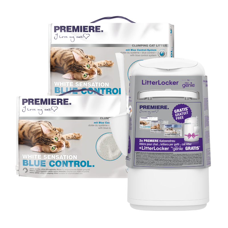 PREMIERE Katzenstreu PREMIERE White Sensation blue control, Klumpstreu 2x12 l + Gratis LitterLocker Genie