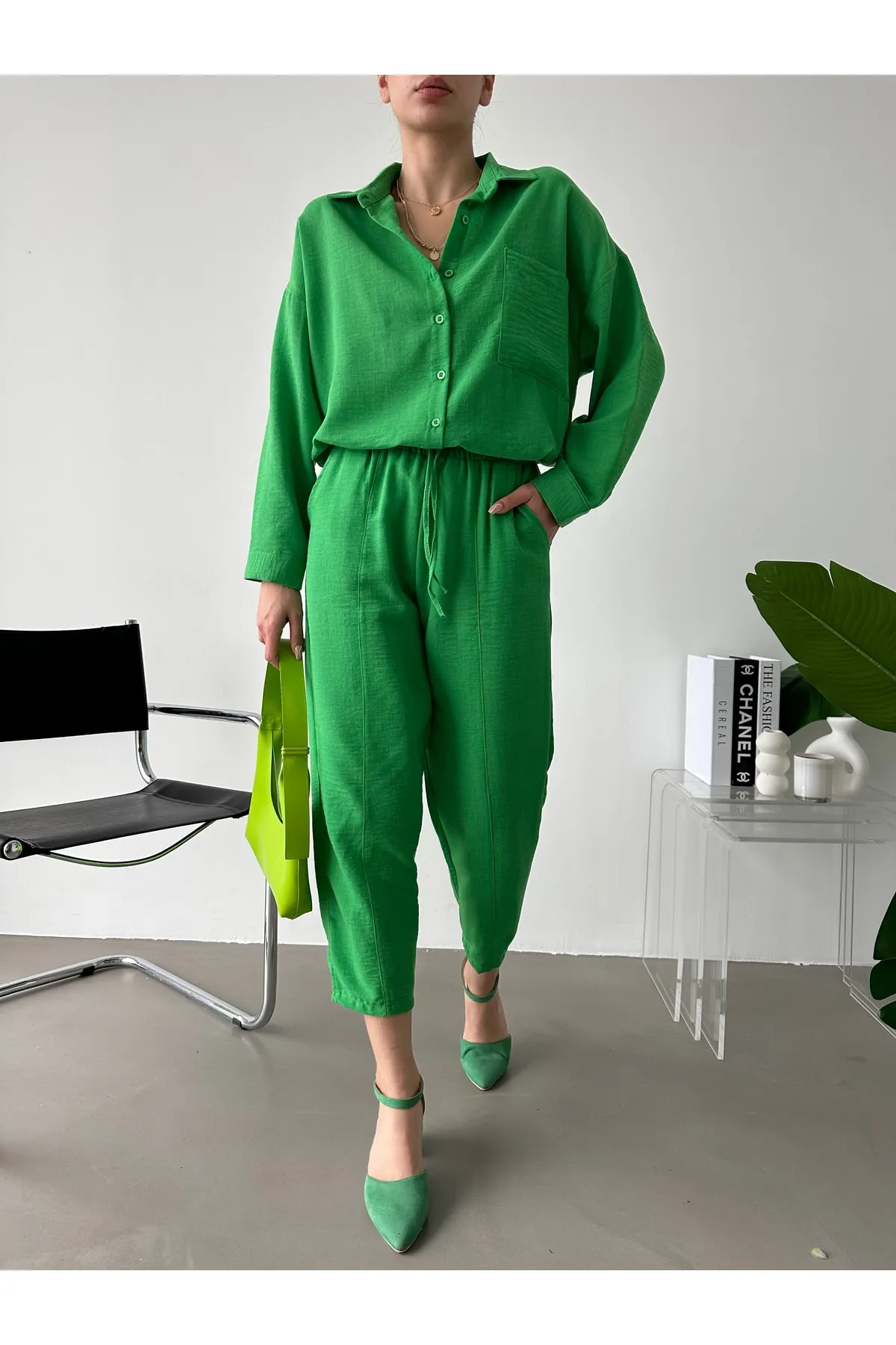 BEJNA  Grünes Oversize-Leinenhemd-Hose-Unterteil-Top-Set für Damen