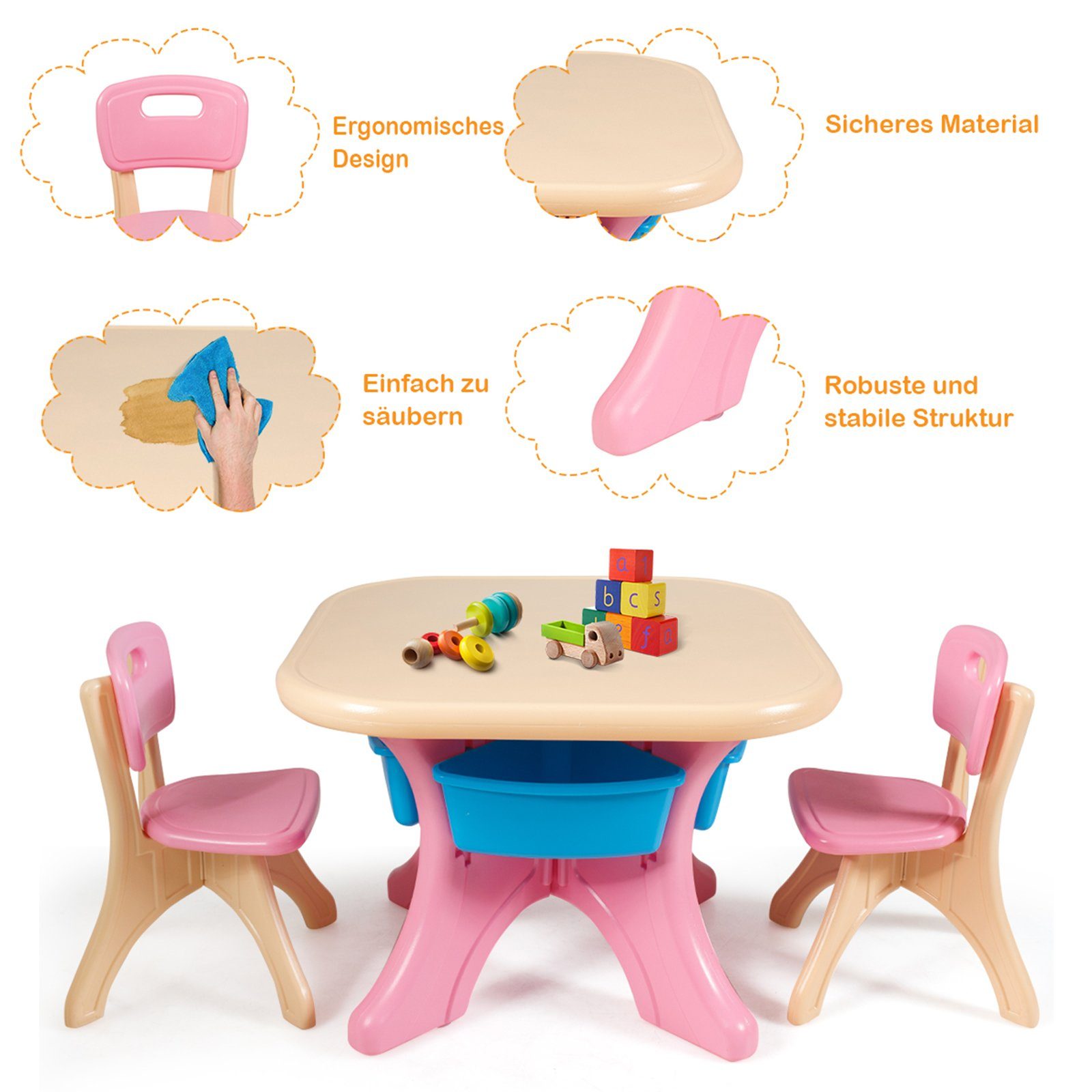 COSTWAY Kindersitzgruppe, mit 2 Stühlen&Kindertisch, mit Stauraum, Kunststoff