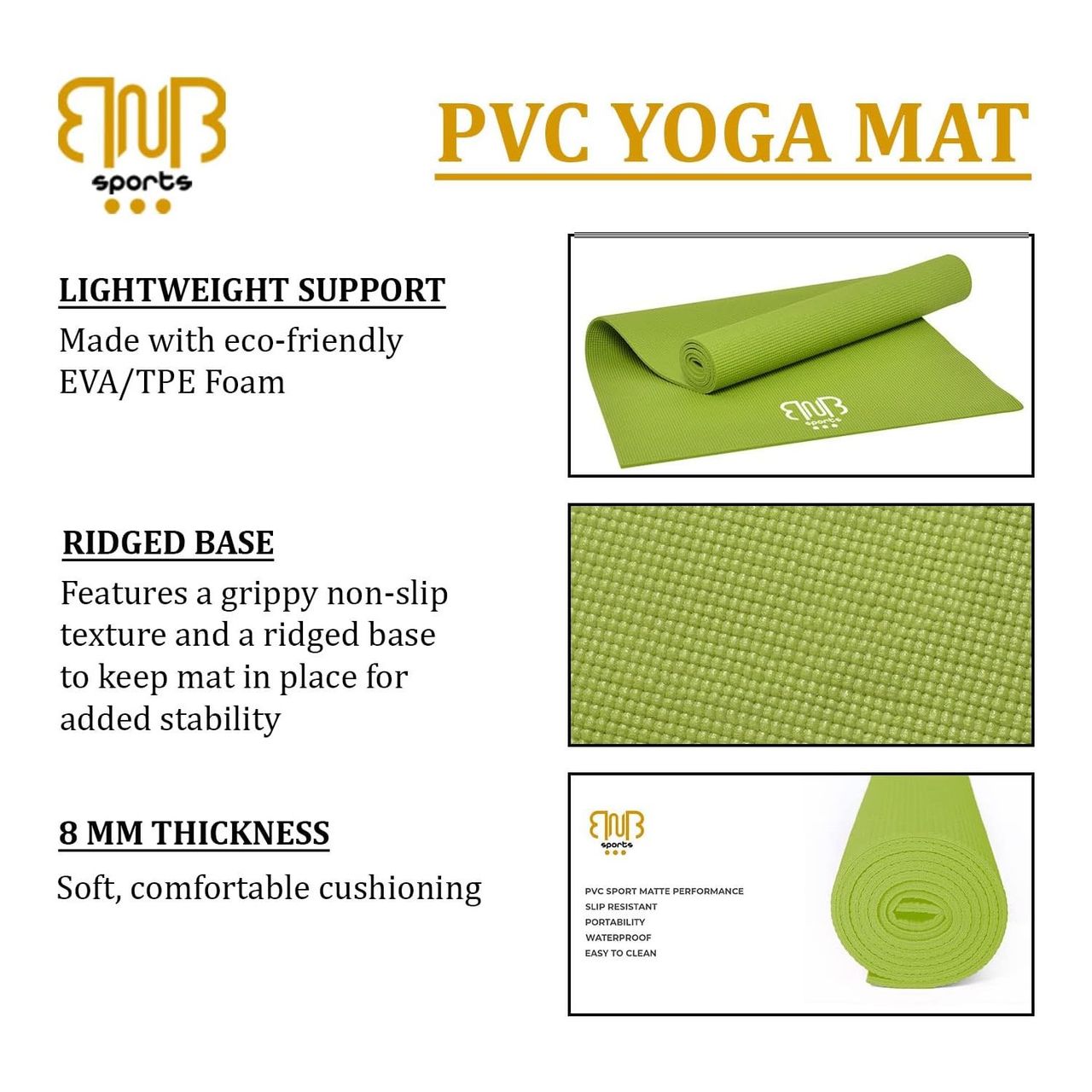 BnB Sports Sportmatte, Umweltfreundliche ungiftige dermophile PVC Premium Gymnastikmatte, Yogamatte & Badematte