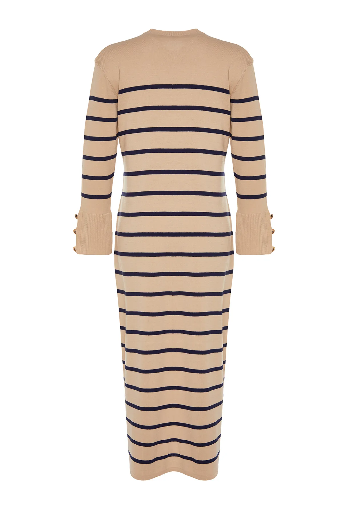 Trendyol Modest  Gestreiftes Strickkleid mit steinfarbenen Ärmeln und Knopfleiste TCTAW24EB00002