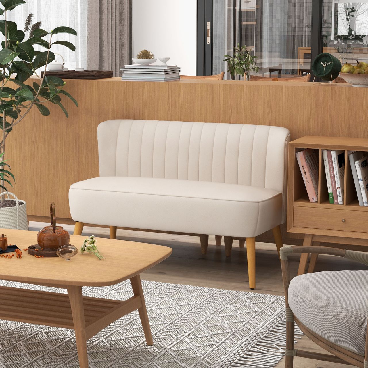 HOMCOM 2-Sitzer Sofa Zweisitzer, Loveseat mit Leinenoptik, Holzbeine, Cremeweiß