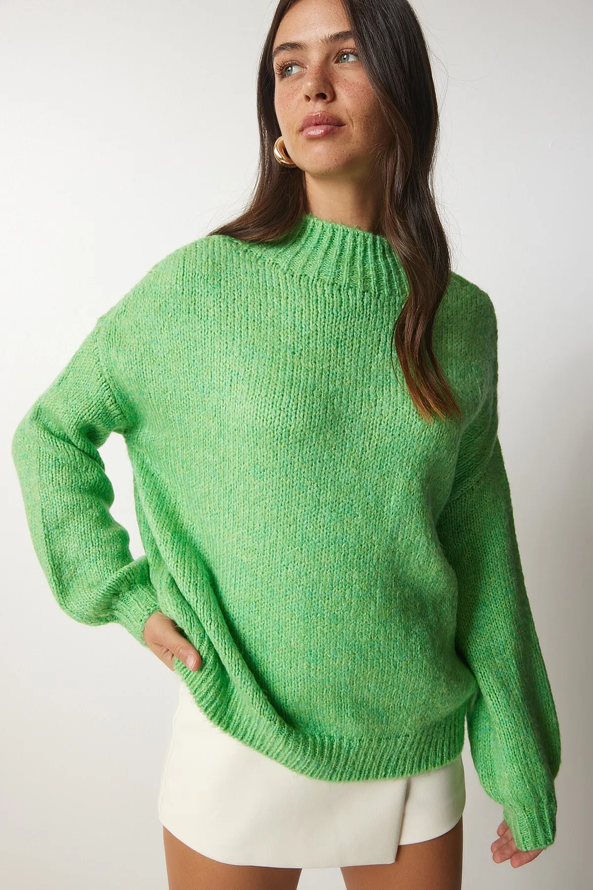 Happiness İstanbul  Hellgrüner Basic-Strickpullover mit Stehkragen für Damen MX00127