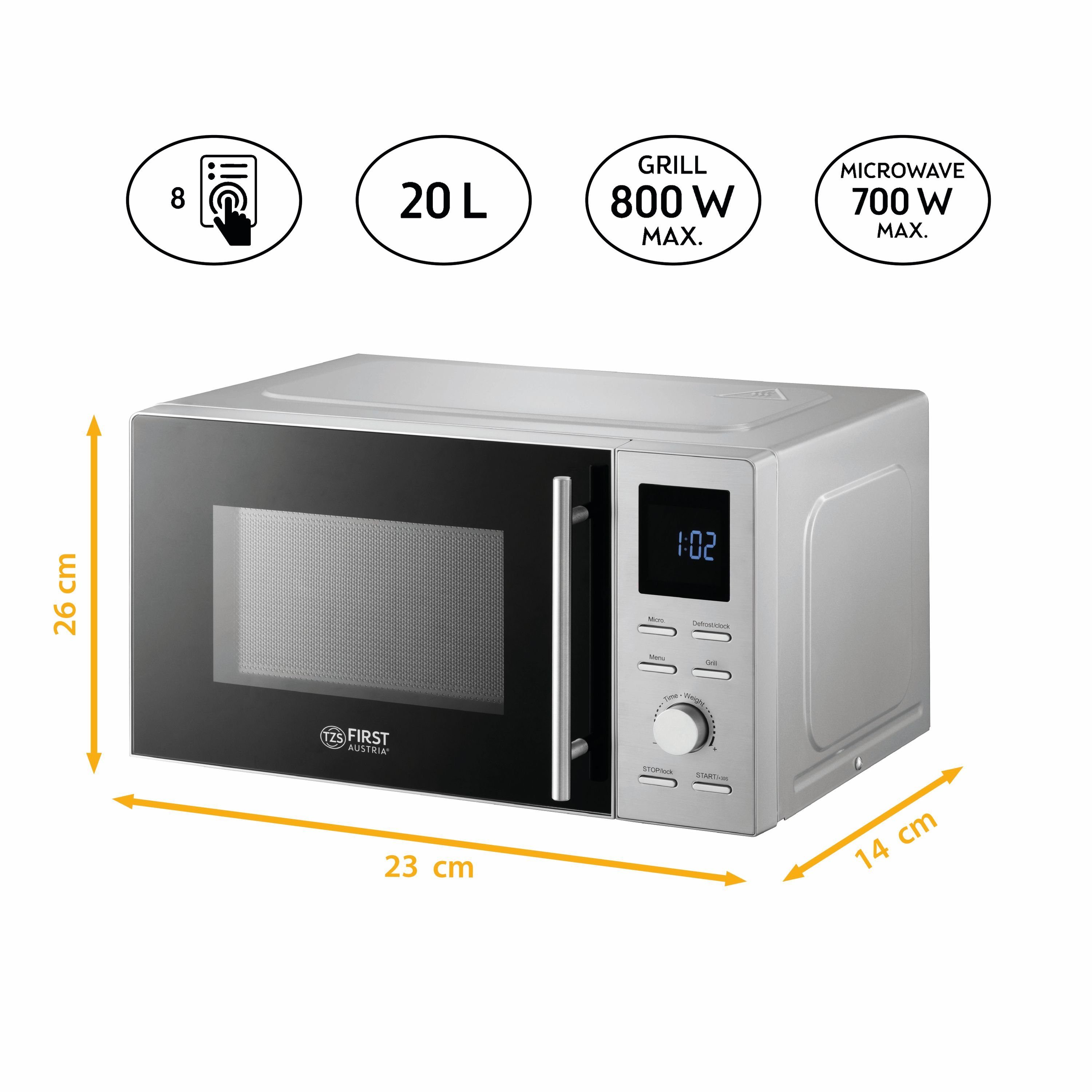 TZS FIRST AUSTRIA Mikrowelle mit Grillfunktion, 20L, Edelstahl, Schnellstart, 1100W, Mikrowelle mit Grill / Solo Betrieb, 14 l, 8 Automatikprogramme, Kindersicherung, 2in1 Mikrowelle