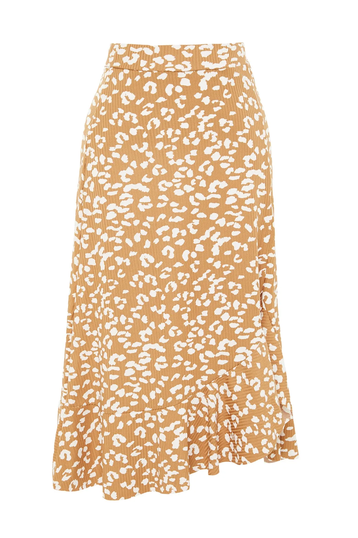 Trendyol Collection  Beiger Midirock aus Stretch-Strick mit Animalprint, hoher Taille, Raffung und Volant TWOSS21ET0029