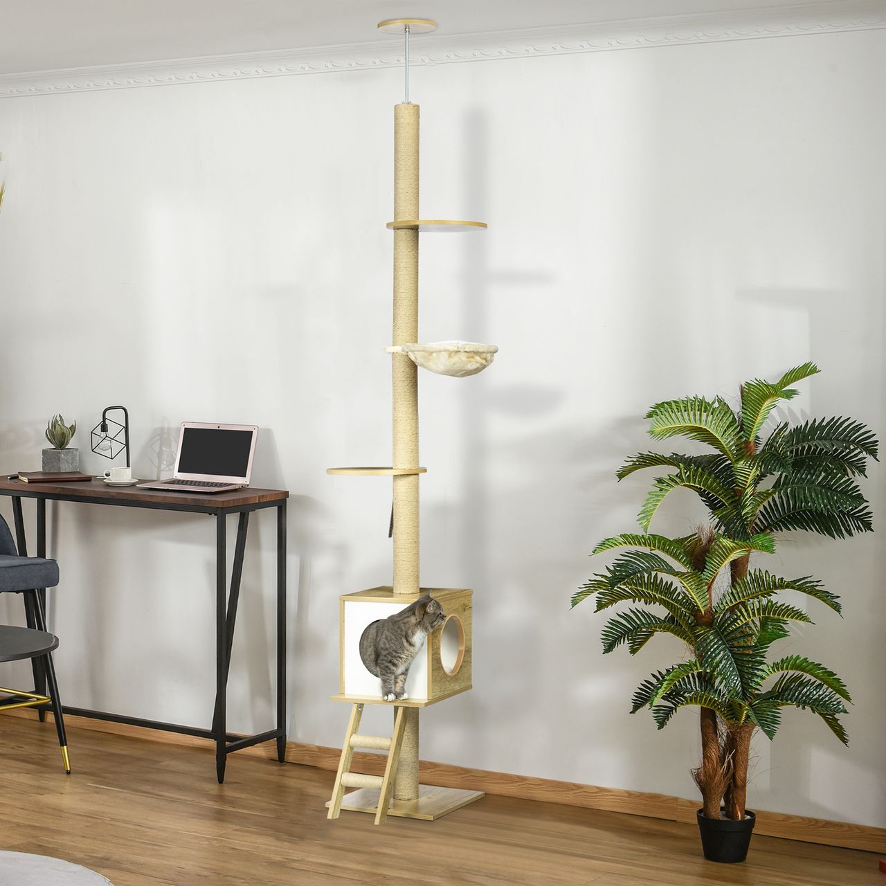 PawHut Kratzbaum, Kletterbaum Deckenhoch, 240-260 cm, Katzenkratzbaum, Hellbraun