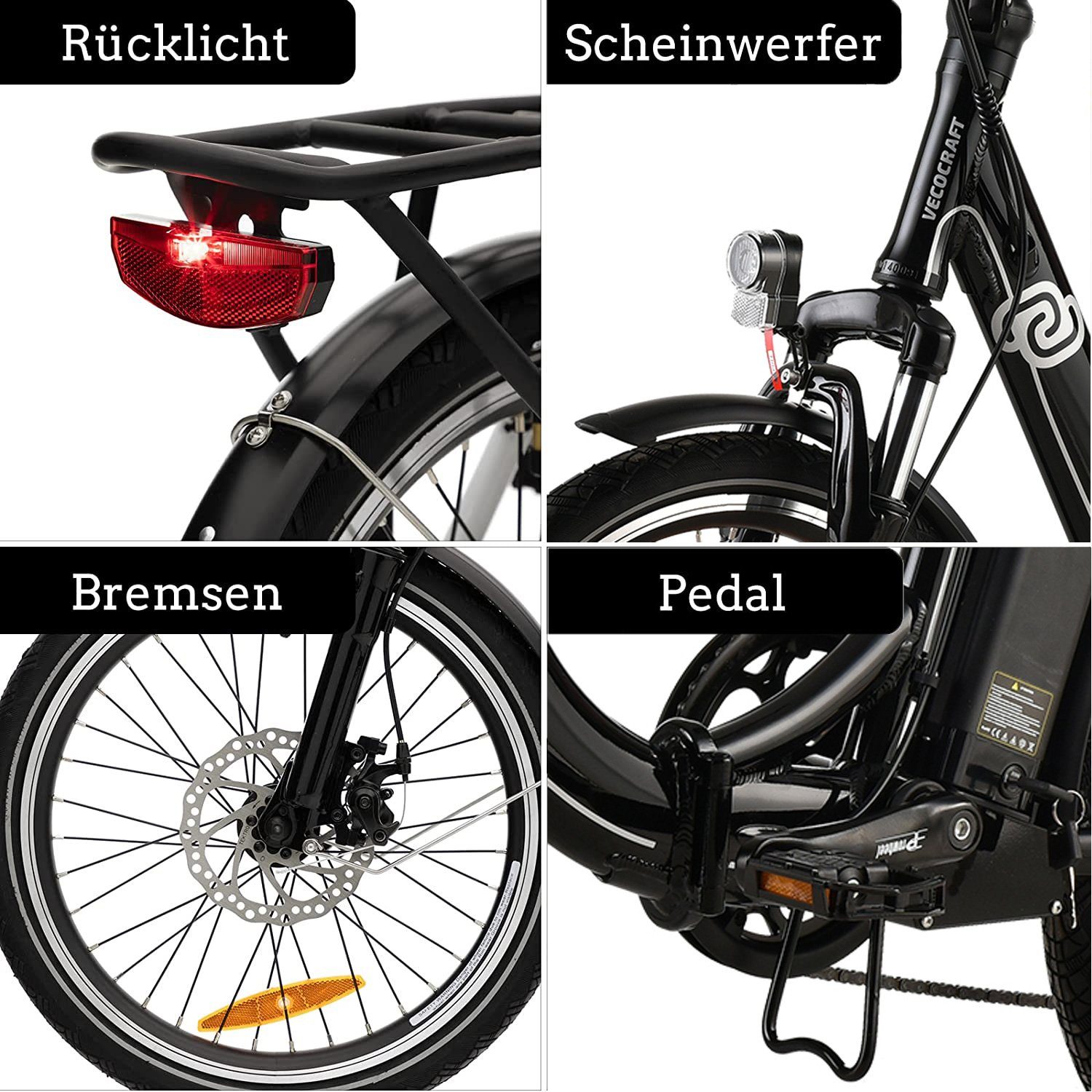 VECOCRAFT E-Bike E-Pax 20Zoll, 7 Gang Shimano Schaltwerk, Kettenschaltung, Heckmotor, 468,00 Wh Akku