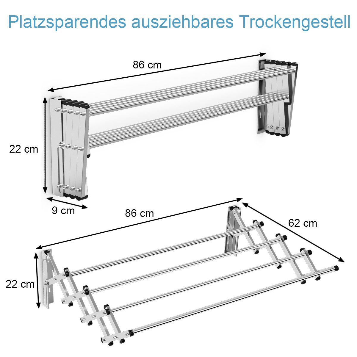 COSTWAY Wäscheständer zur Wandmontage, mit 8 Stangen, Edelstahl