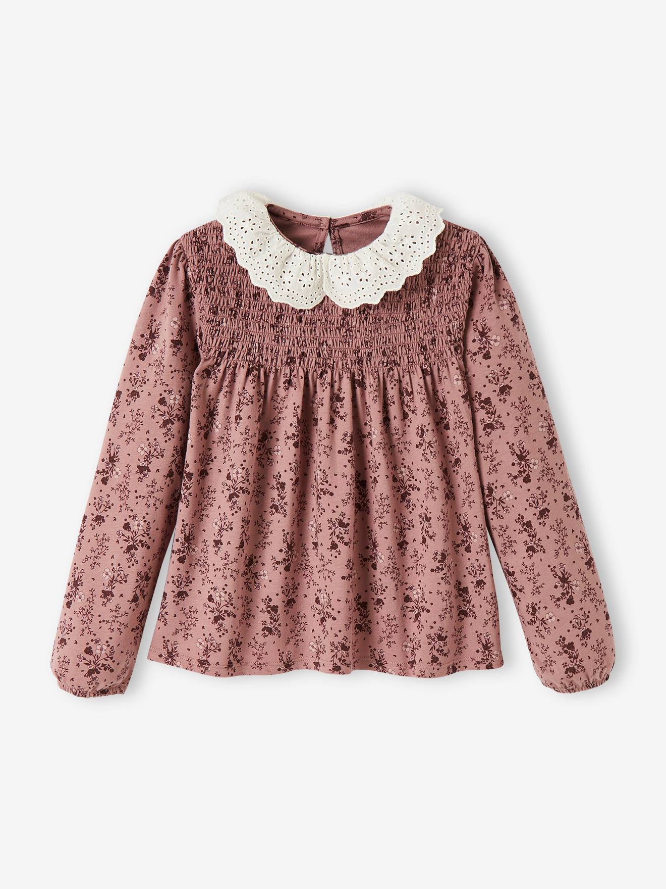 T-shirt blouse col en broderie anglaise fille marine rayé