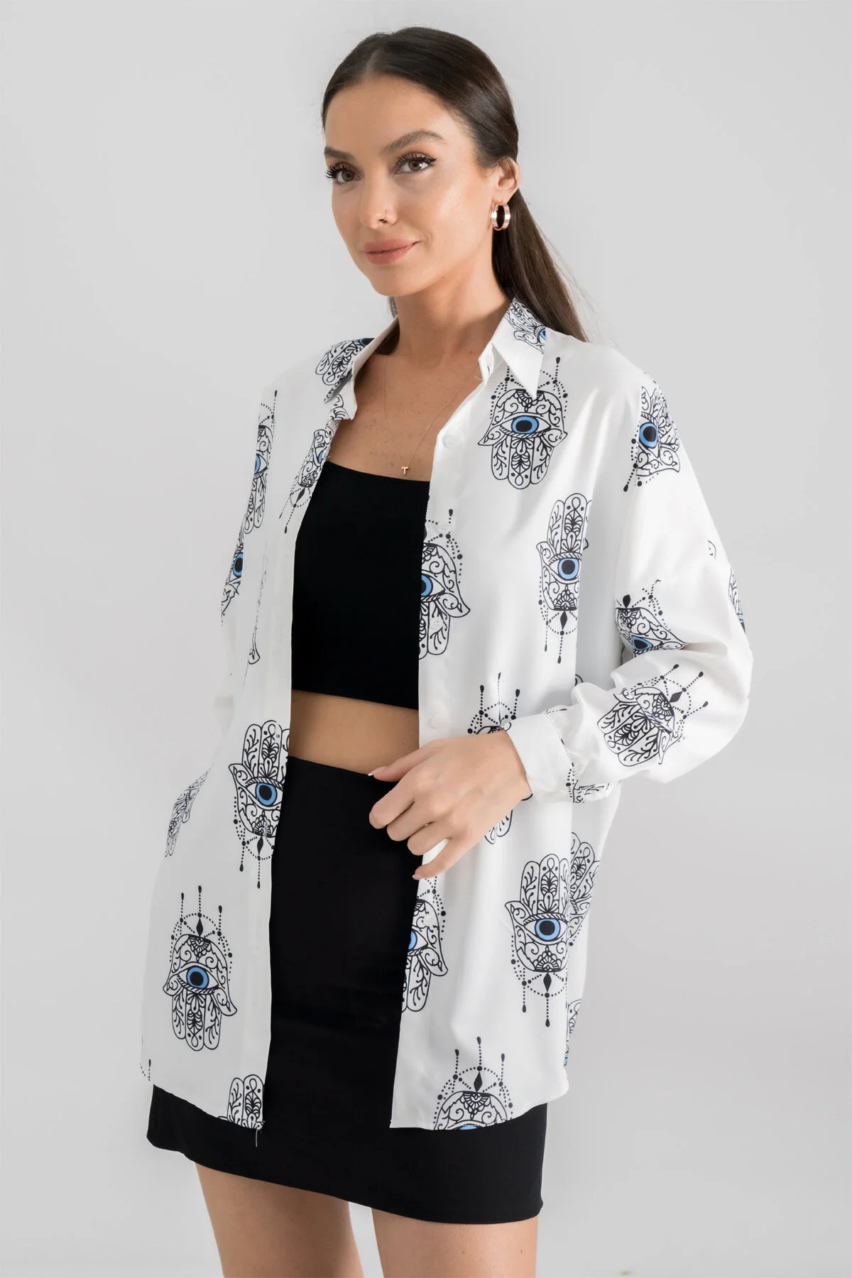 armonika  Hellblaues gemustertes Oversize Long Basic Shirt für Damen ARM-22Y001148