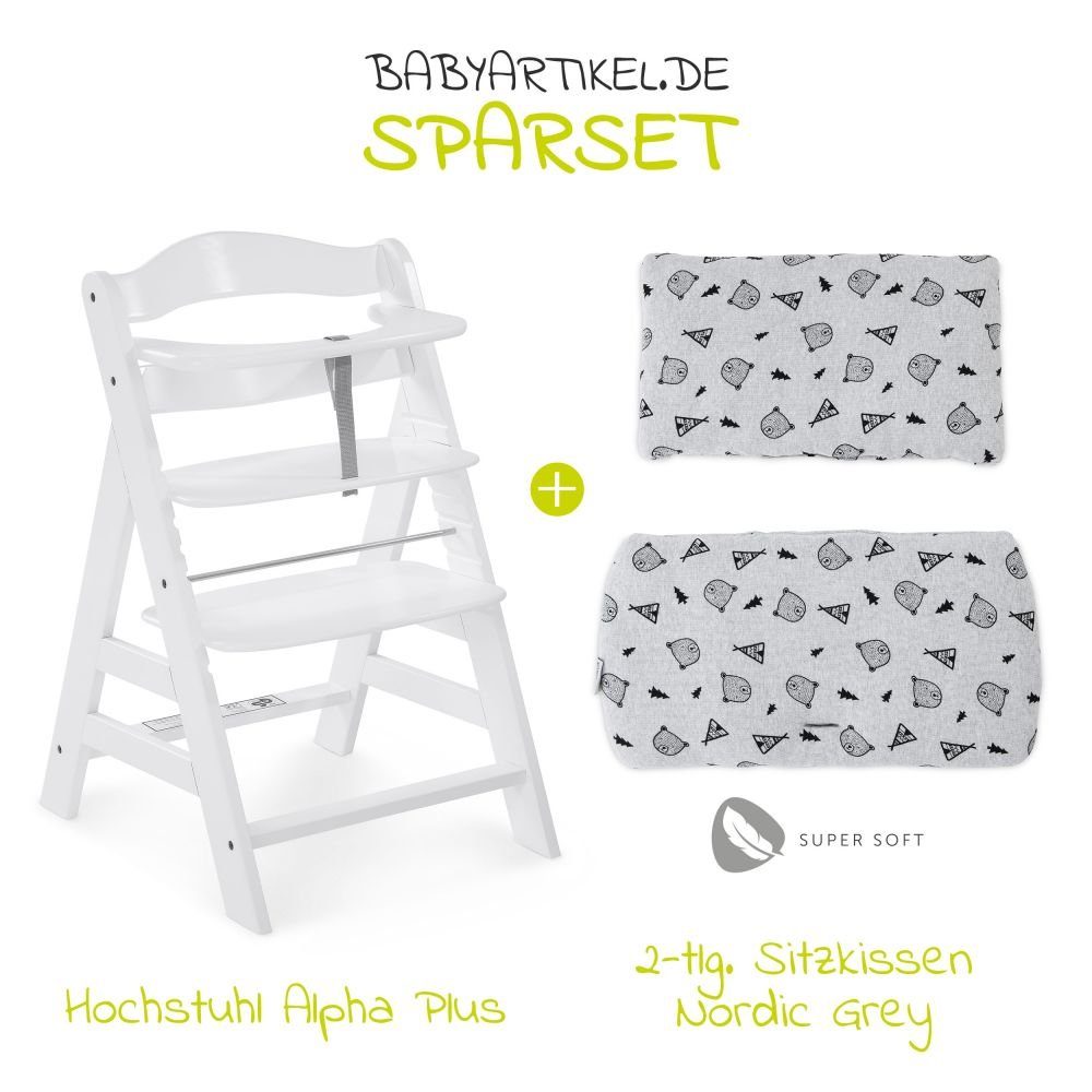 Hauck Hochstuhl Alpha Plus White (Set), Mitwachsender Holz Kinderhochstuhl mit Sitzauflage höhenverstellbar