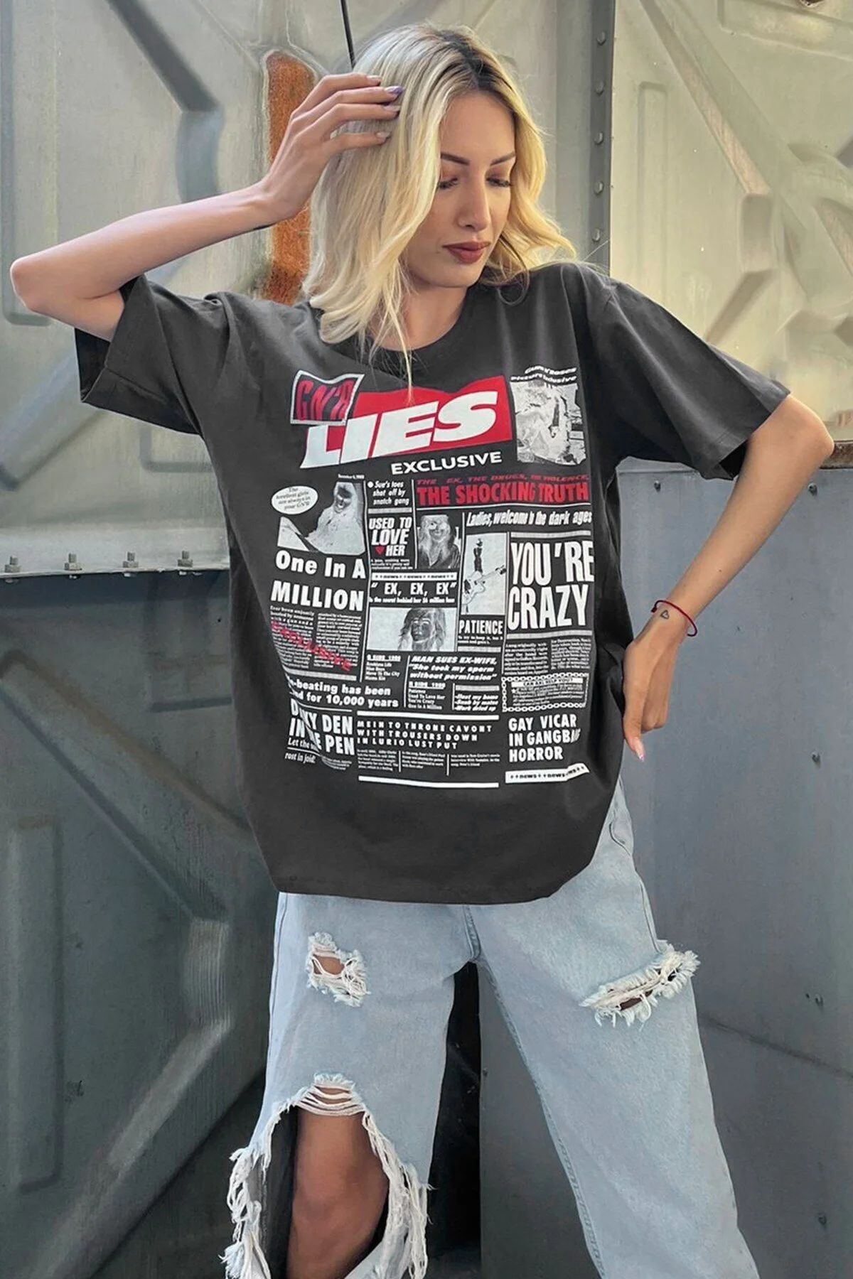 Madmext  Anthrazitfarbenes, hinten bedrucktes Over-Fit-Damen-T-Shirt Mg1506