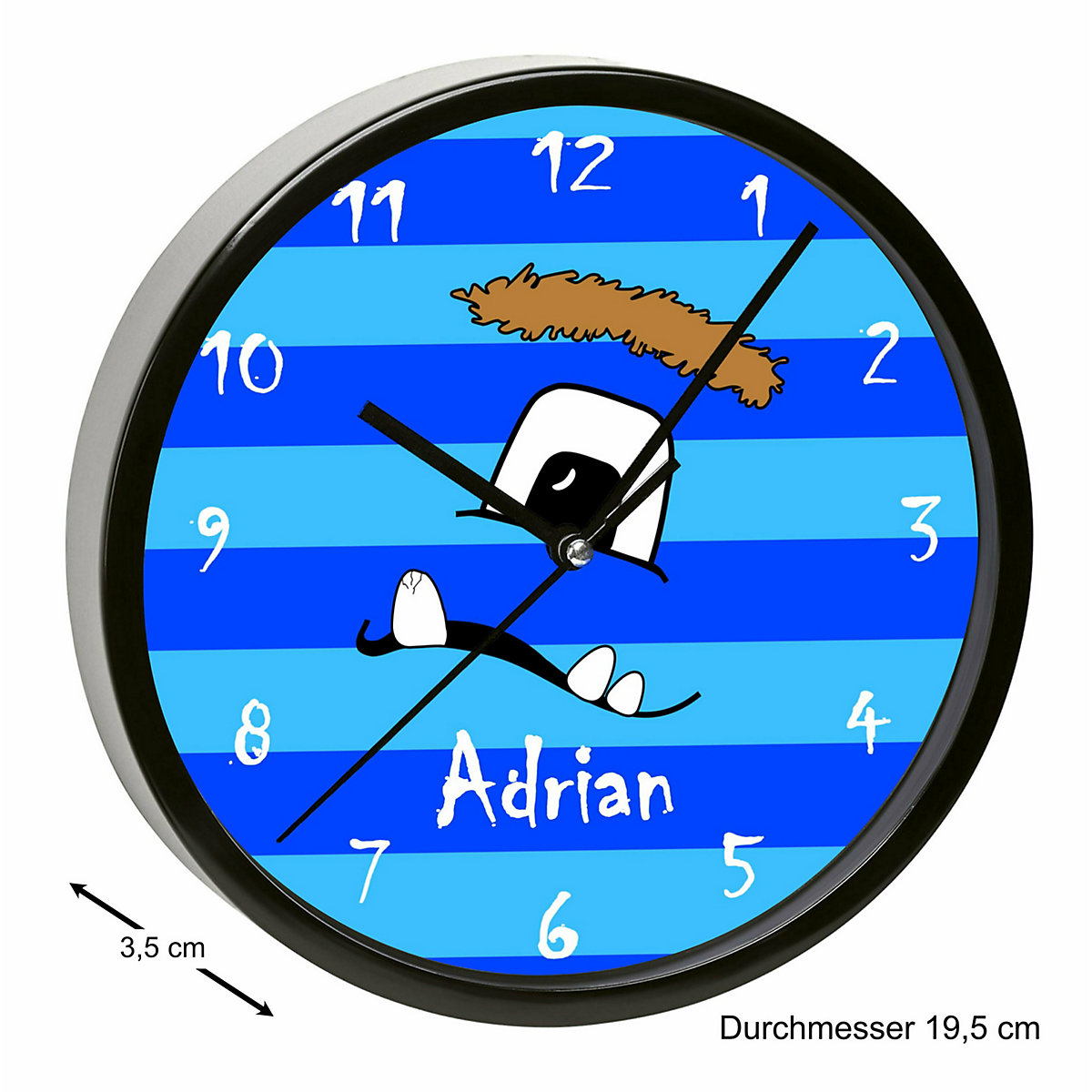 Kinder Wanduhr personalisiert mit Name Monster Streifen blau