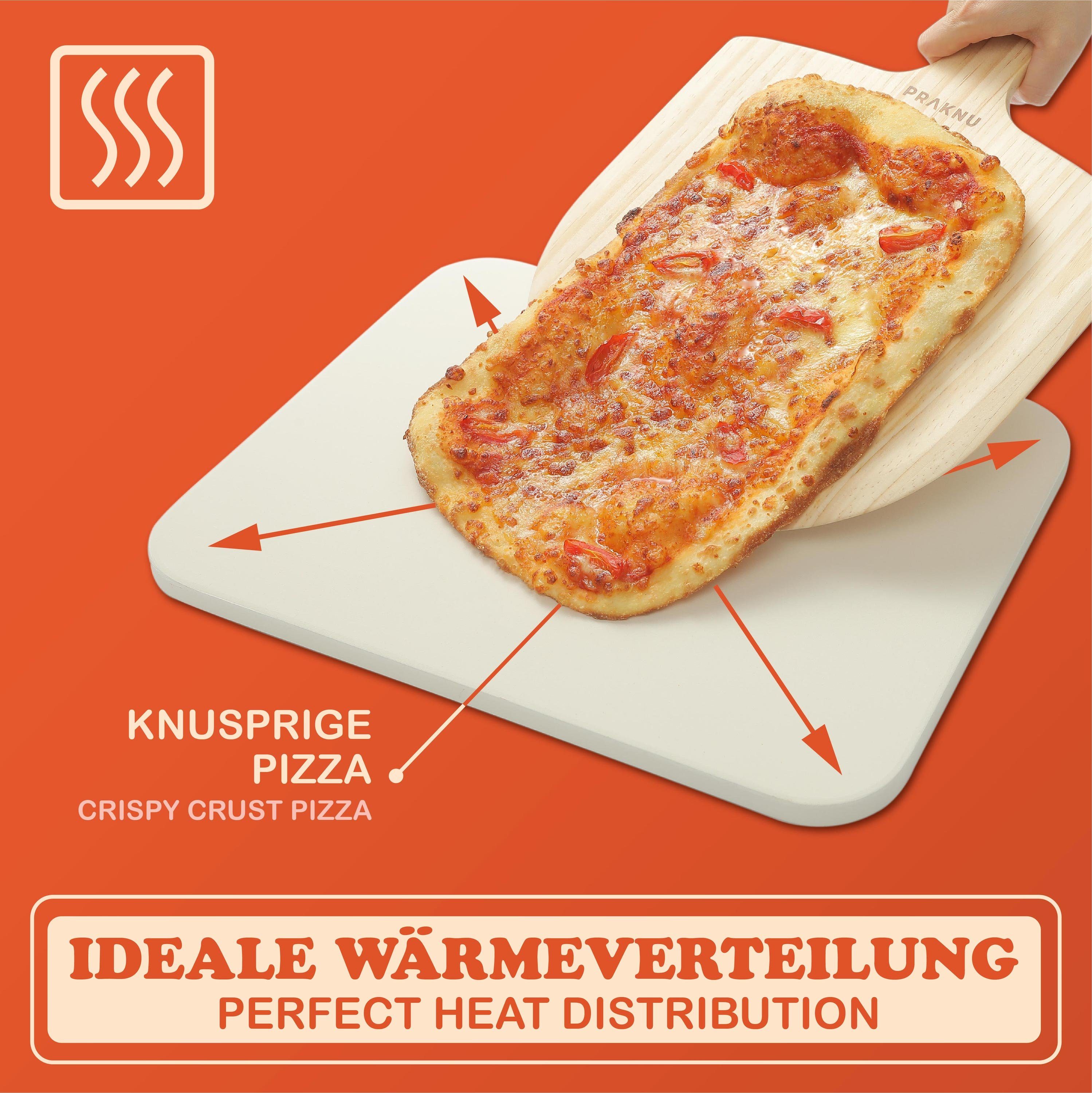 Praknu Pizzastein Pizzastein Eckig und Pizzaschieber im 2er Set, Cordierit, (Set, 2-St), Steinplatte Eckig für Ofen und Grill - Pizzaschaufel aus Kiefernholz