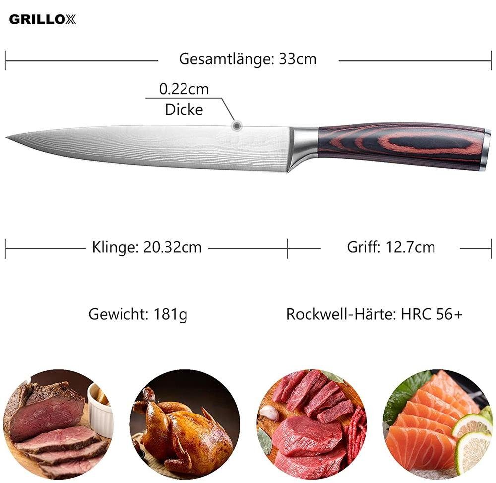 MAVURA Fleischmesser GRILLOX Fleischmesser Tranchiermesser Profi Chefmesser 20cm Küchenmesser Metzgermesser Kochmesser Edelstahl Scharf Pakka Holz im Damast Look