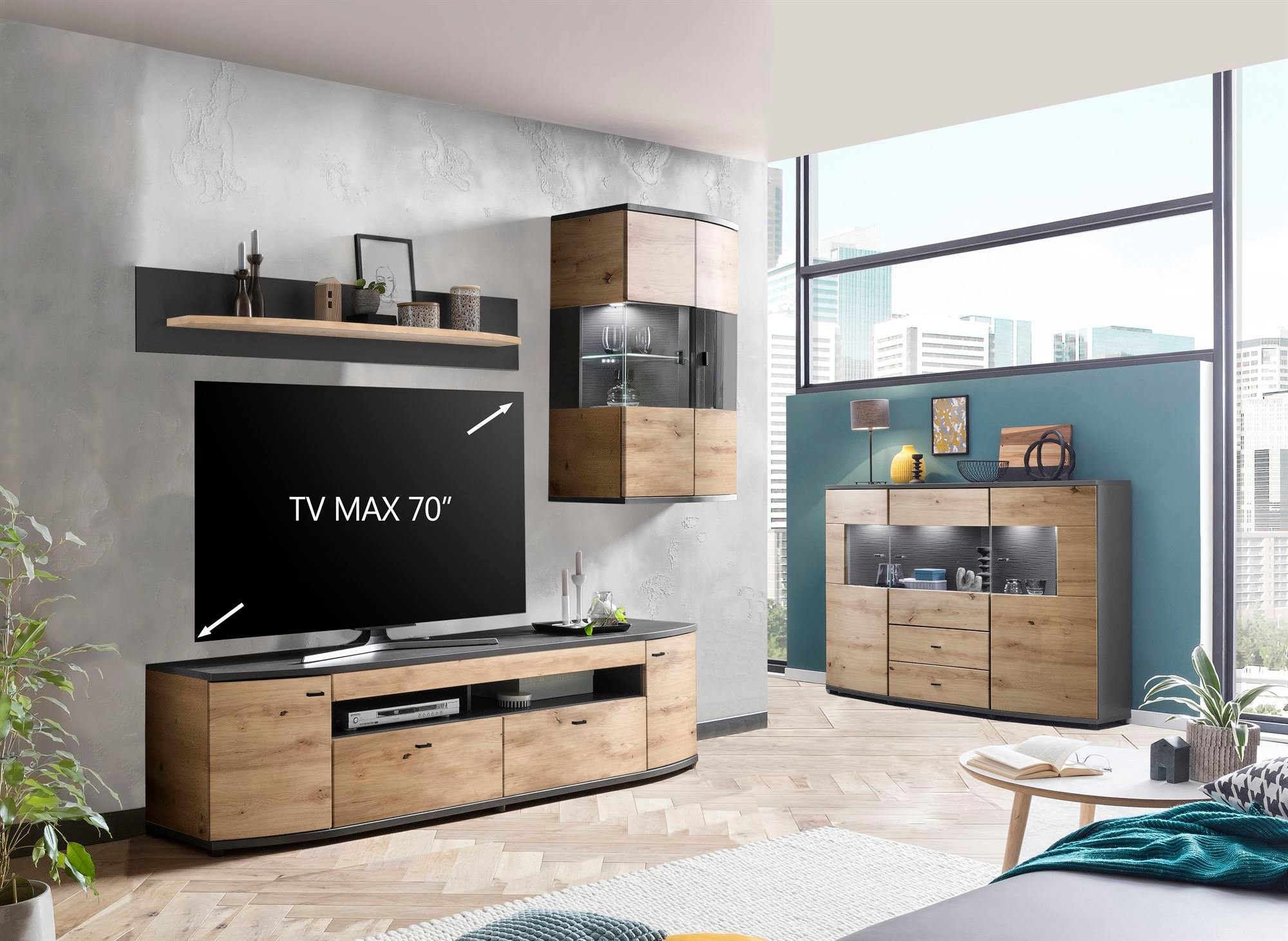 58 aufm Kessel Wohnwand Wohnkombination Jacinthe 235x200x46 Eiche/Anthrazit/Anthrazit HG 10184, (Komplettset, 3-St), Türen mit Selbsteinzug und Dämpfung