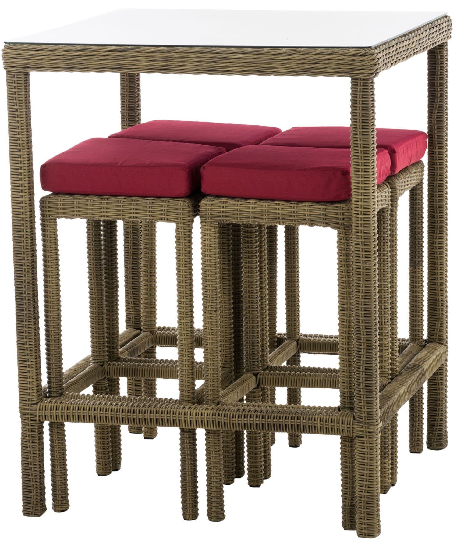 TPFGarden Gartenbar-Set Alina - aus 5mm Polyrattan und Aluminium-Gestell, (Stehtisch-Set mit 4 Hockern und Kunstlederauflagen, Gartenlounge-Set - wasserfest, pflegeleicht und UV-beständig), Maße (TxBxH): Tisch 84 x 84 x 110,5cm - Hocker 37 x 37 x 74,