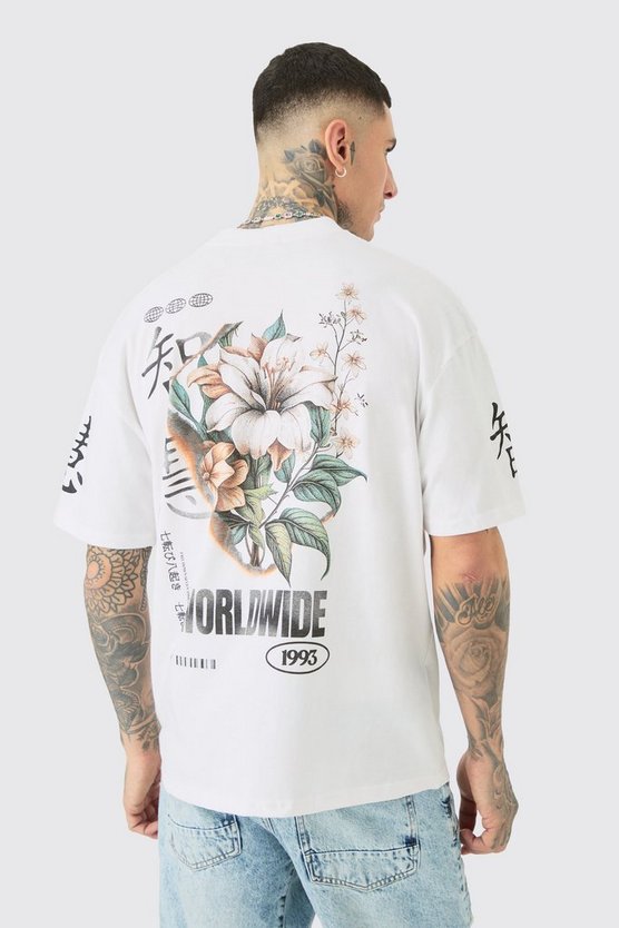 Tall weißes T-Shirt mit floralem Ärmel-Print