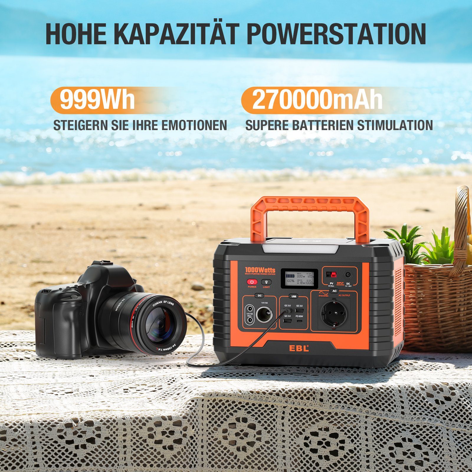 EBL Stromerzeuger Powerstation,1000W/999Wh Tragbar Stromerzeuger für Camping im Freien, 1,00 in kW, (1-tlg)