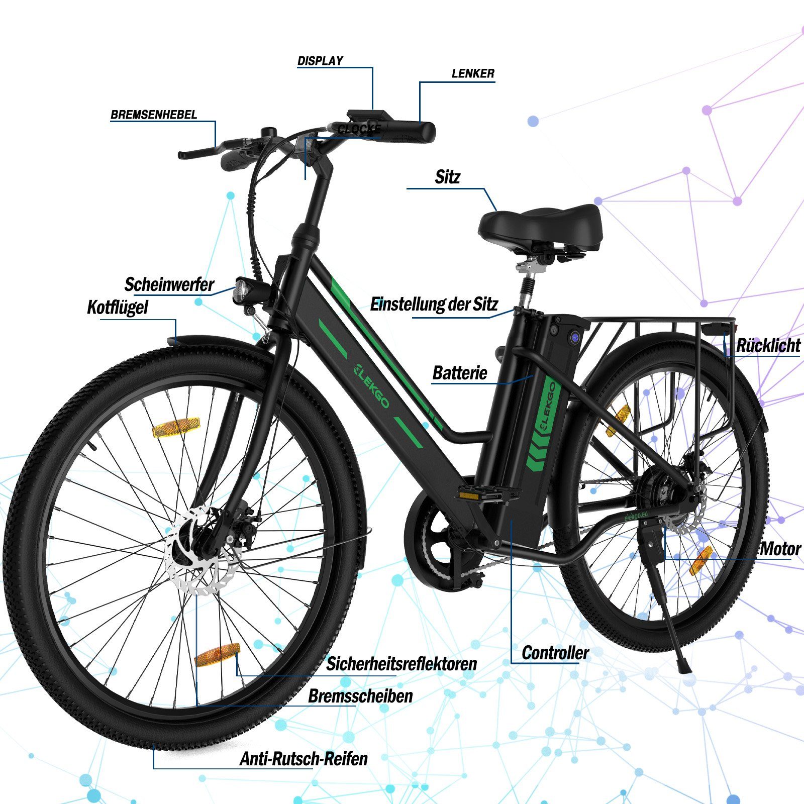 Evercross E-Bike E-fahrräder ELEKGO EG08S 26 Zoll Elektro-cityrad, 1 Gang, Heckmotor, 36V 8.4AH Lion-akku, Mit Batterieschloss Range 35-70km E-cityrad
