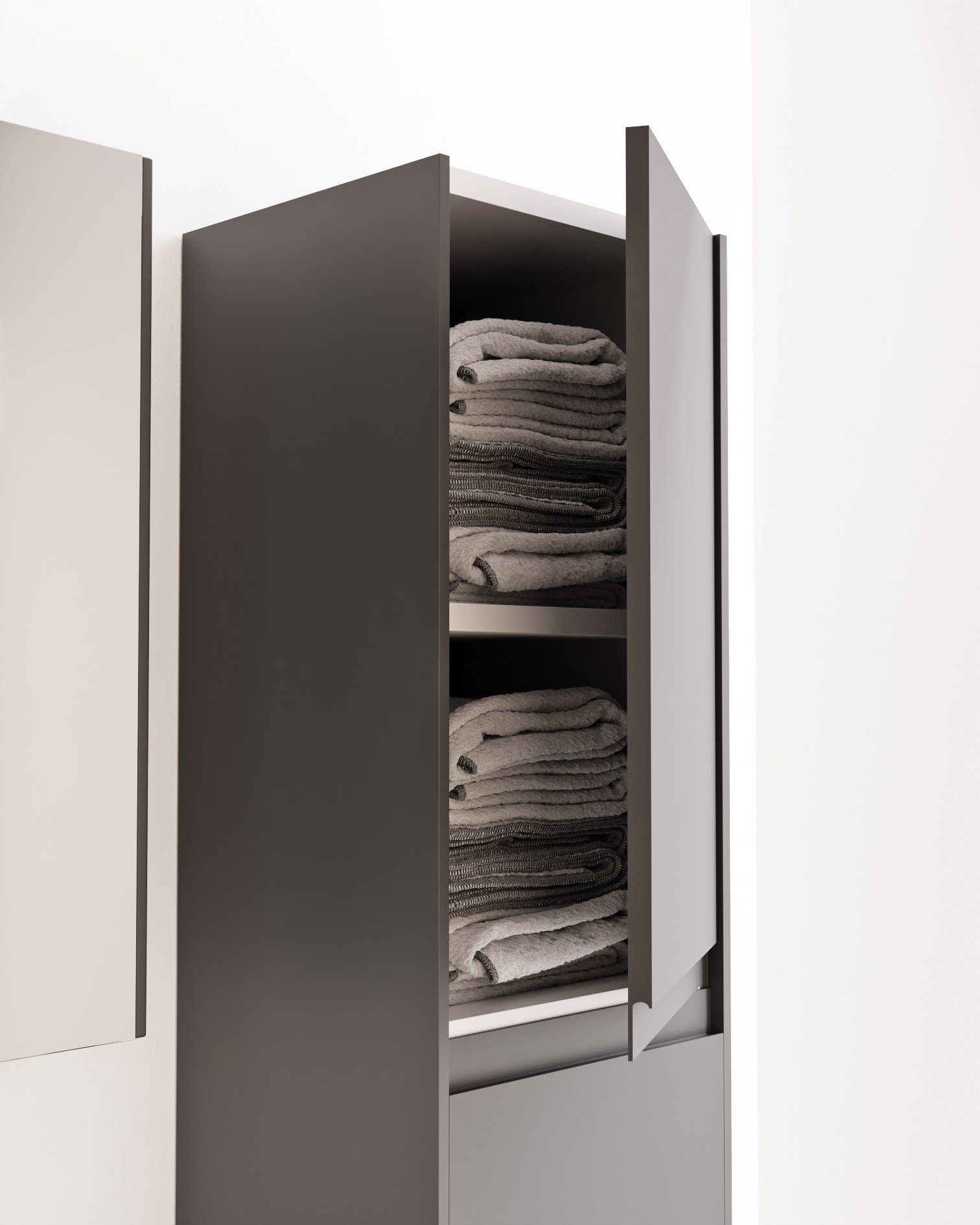 Karen Badmöbel-Set Lara, (Komplett-Set, Standartmäßig 3-Teilig (Unterschrank, Spiegelschrank, Waschbecken), Optionaler Hochschrank, 1-St., Unterschrank mit Schubladen, Spiegelschrank mit Türen & Regalen), Minimalistisch, Geradlinig, Matt beschichtet,