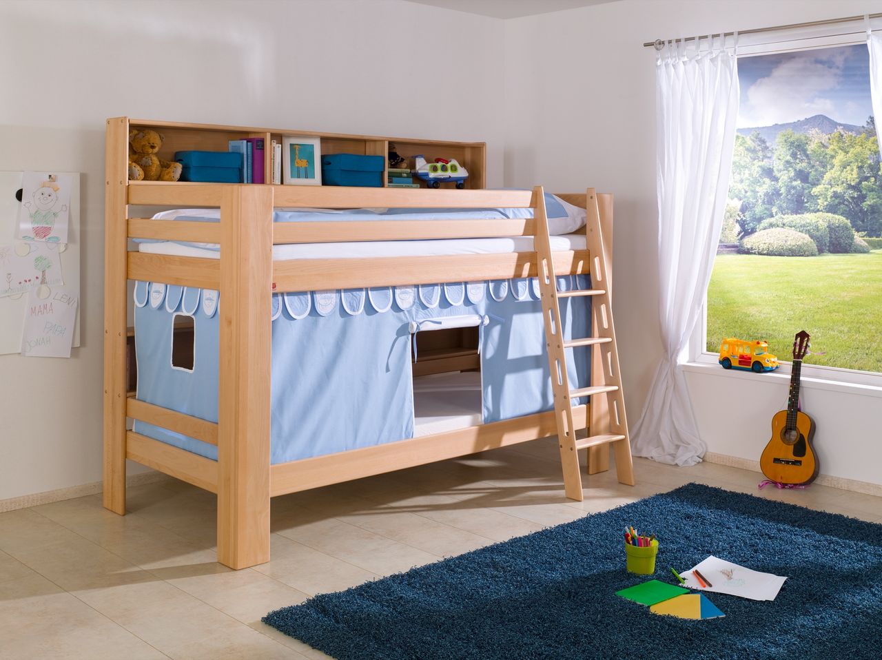 Relita Etagenbett Jan mit Bücherregal und Vorhang blau/boy