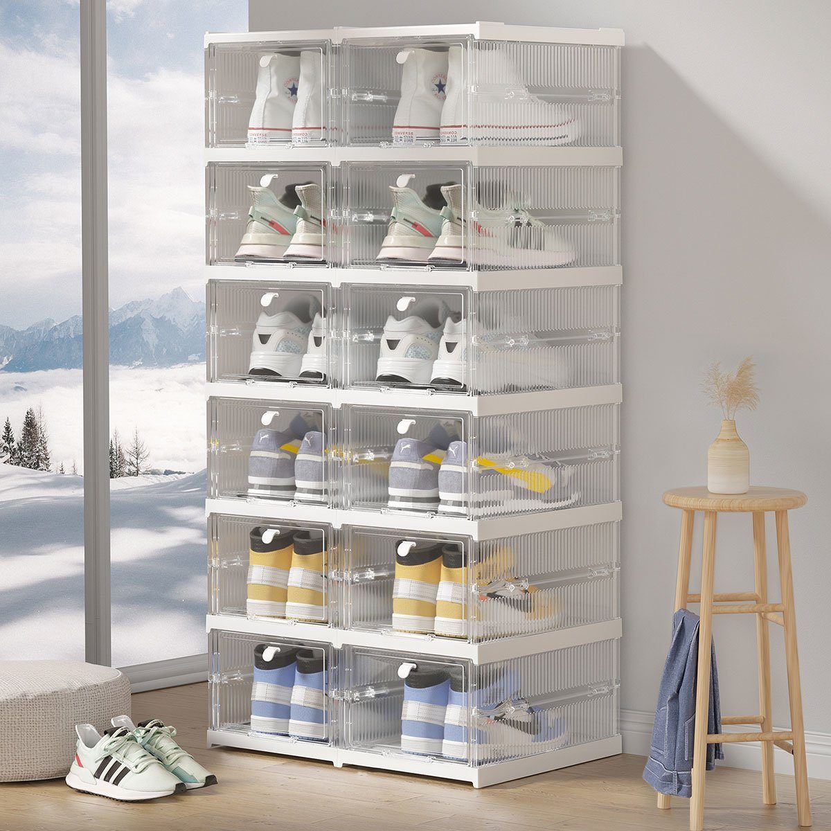 MULISOFT Schuhbox Schuhboxen 6er Set, stapelbare Schuhorganizer Aufbewahrungsbox, Kunststoffboxen mit durchsichtiger Tür, Schuhaufbewahrung