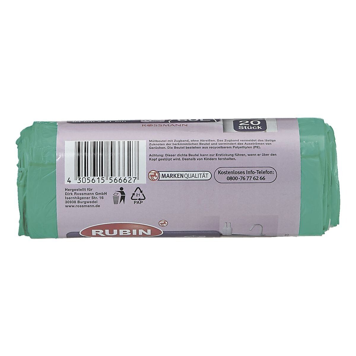 RUBIN Müllbeutel, 20 Stück/ Rolle, mit Zugband, 60 Liter, grün, reißfest, recycelbar