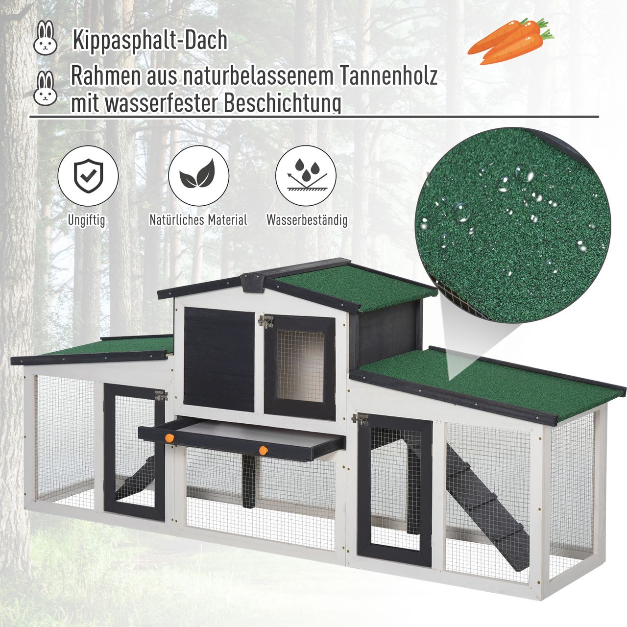 PawHut Zwergkaninchenstall, Doppelstöckiger Zwergkaninchenkäfig mit Asphaltdach und Freigehege, Massivholz, Dunkelgrau Weiß, 204 x 45 x 80 cm