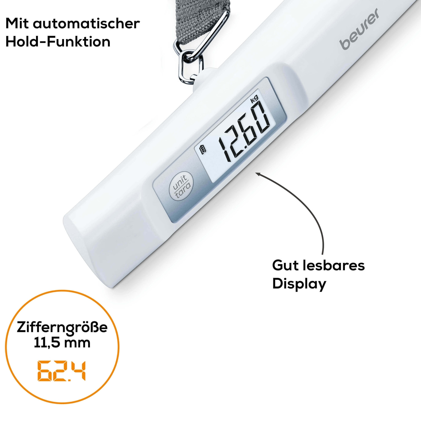 Beurer Kofferwaage LS 20 eco-Batterielose Kofferwaage mit Dynamo-Power & Hold-Funktion - bis 50 kg