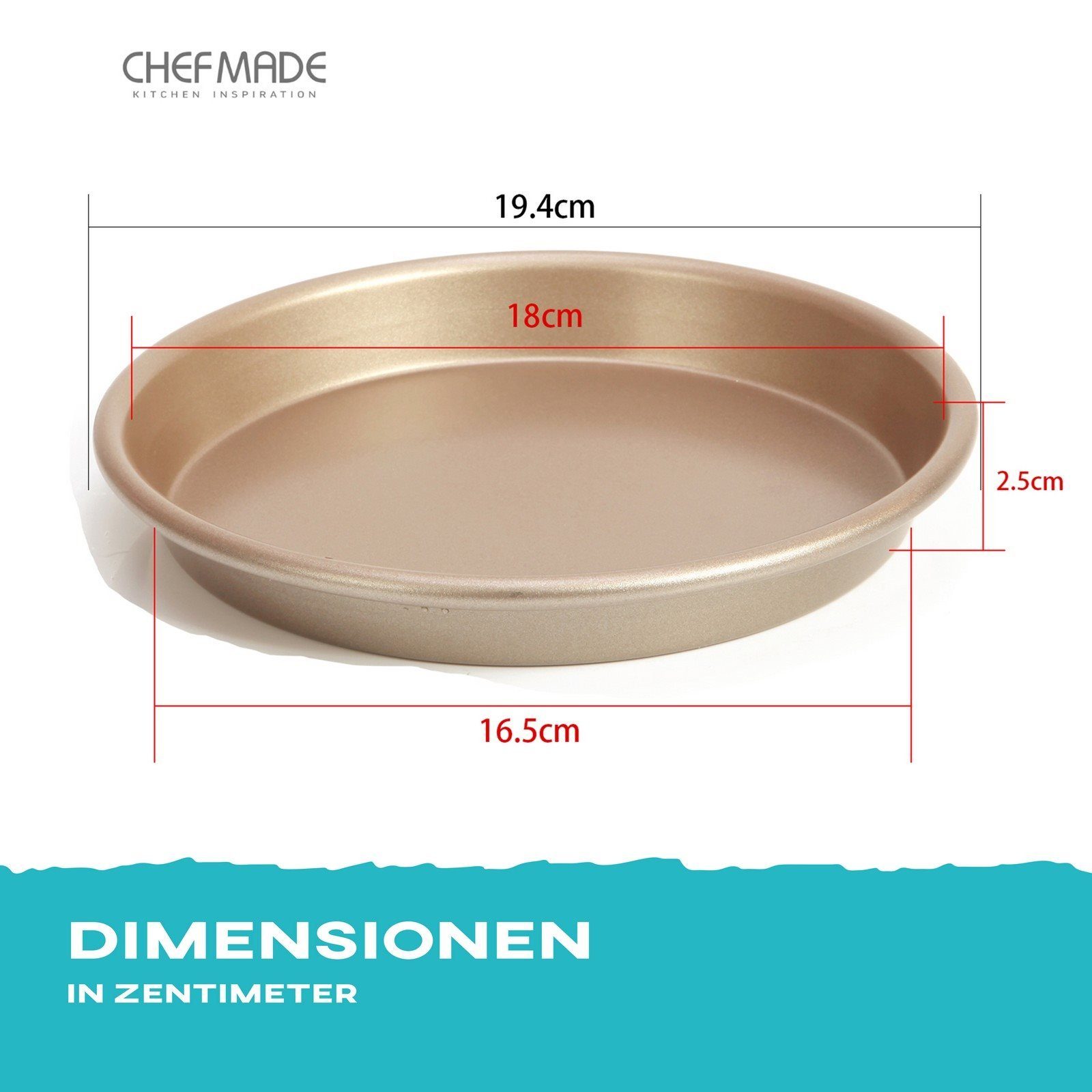 Chefmade Pizzablech Backblech, Karbonstahl, (CHEFMADE, 18cm Pizzablech rund, 194x25mm, Champagnergold, antihaft- & silikonbeschichtet, Pizzaform, Kuchenblech, Tarteform, Quicheform, Ofenblech, Karbonstahl, 1-St., Premium), Pizzablech - Pizzablech Run