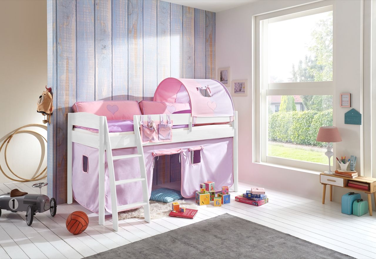 Relita Halbhohes Bett MICHELLE 90x200 cm Buche massiv weiß lackiert, mit Textilset Vorhang, 1-Tunnel, Tasche purple/rosa/herz