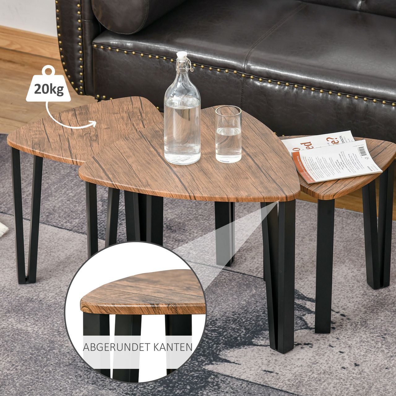 HOMCOM 3er Set Couchtisch, Stapeltisch, Beistelltisch, Kaffeetisch, Satztisch, MDF, Natur Schwarz, 56 x 54,2 x 45,5 cm/42 x 43,8 x 43 cm/36 x 34 x 41 cm