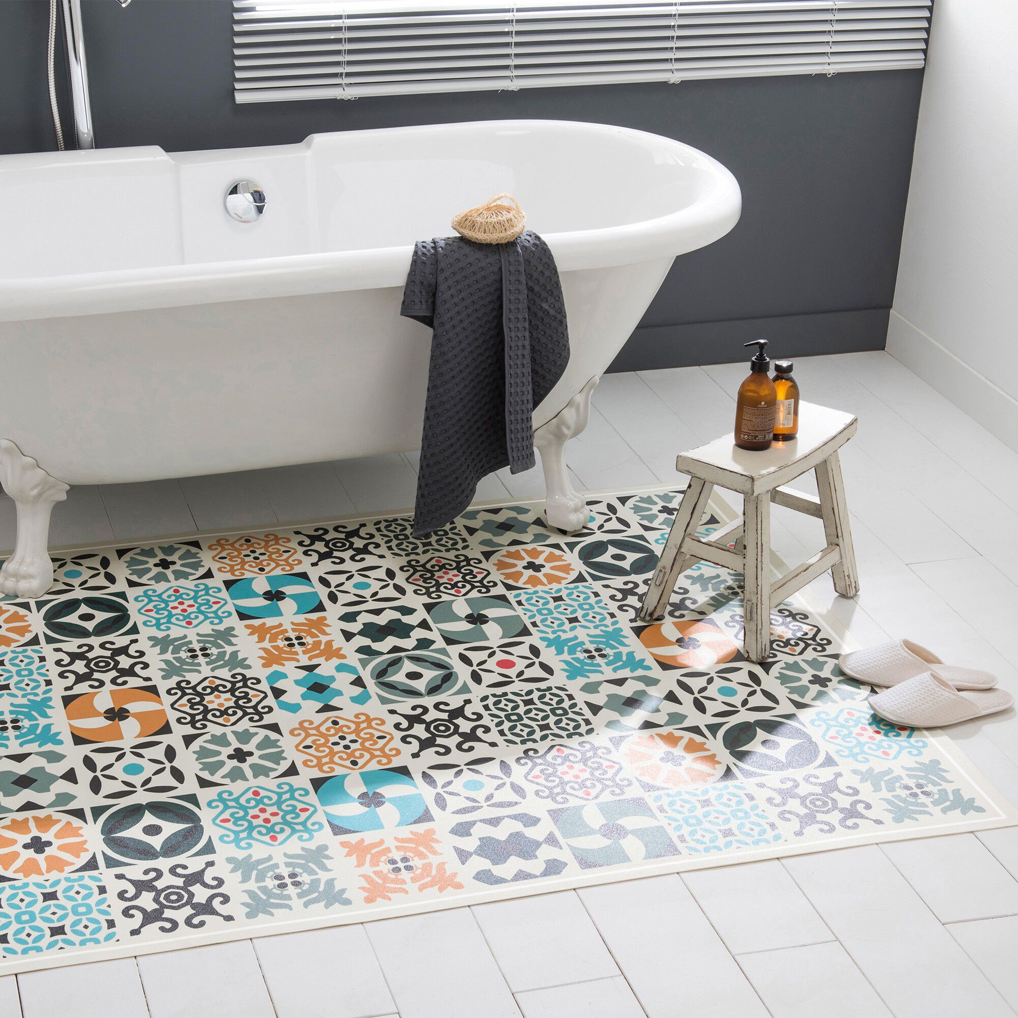 Tapis vinyle effet carreaux ciment couleur