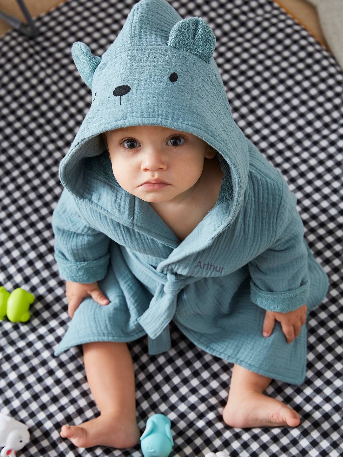 Peignoir bébé animal en gaze de coton bio* personnalisable ocre