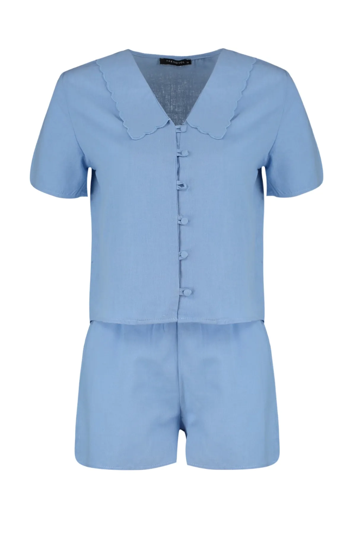 Trendyol Collection  Blaues Pyjama-Set aus Viskose mit Hemd und Shorts, 100 % Baumwolle, Kragendetail, THMSS22PT0179