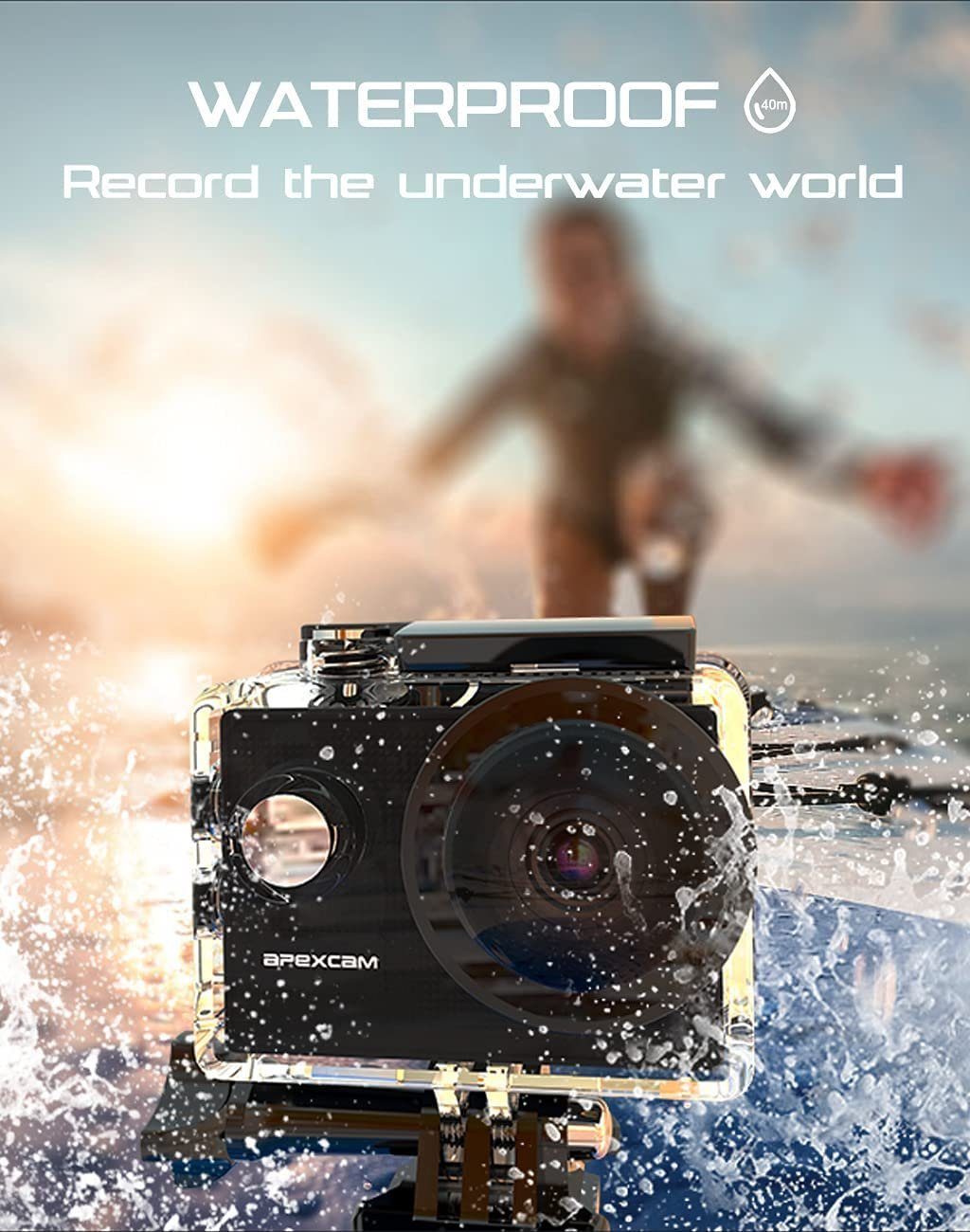 Apexcam X60 Pro Action Cam (1080p, 4K, WLAN (Wi-Fi), 8x opt. Zoom, mit Tasche, zwei Akkus, zwei Ladegeräten, Unterwasserkamera, Fernbedienung, Externes Mikrofon)