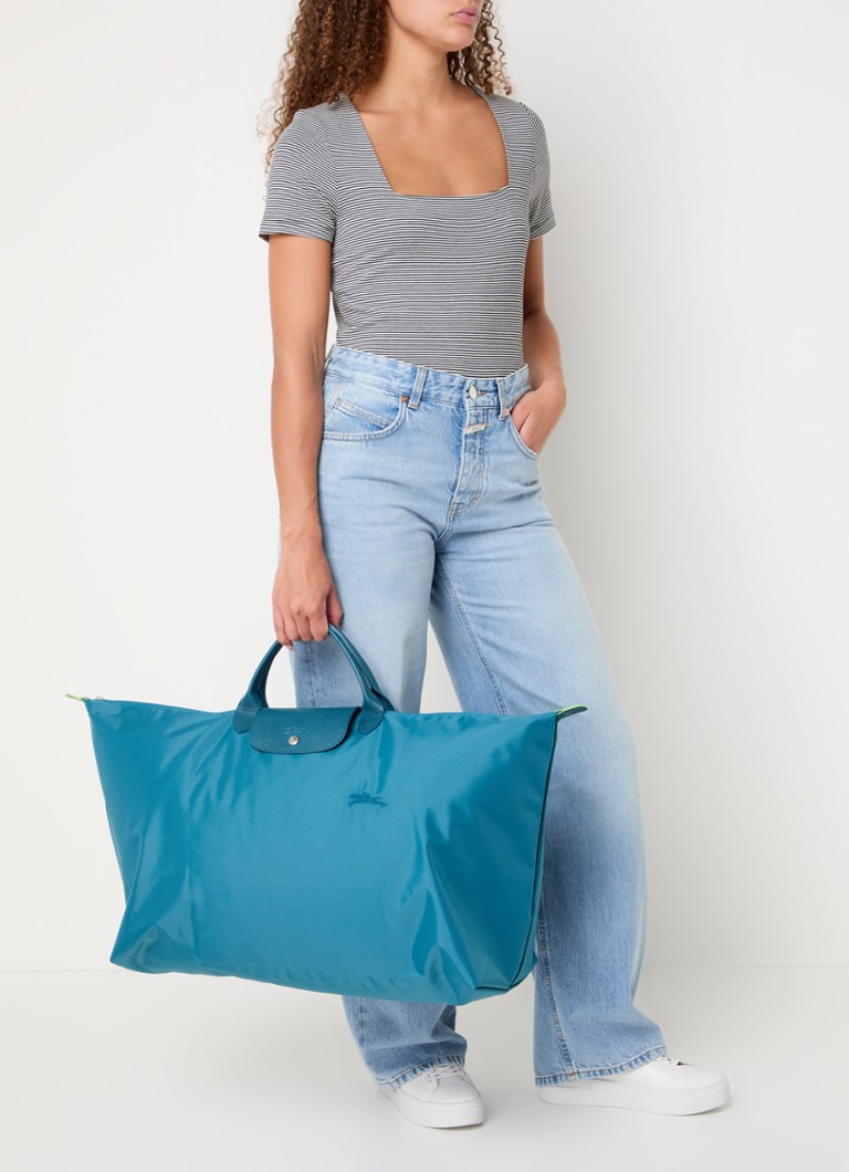 Geantă de umăr Longchamp Le Pliage verde, mărimea M, cu detalii din piele.