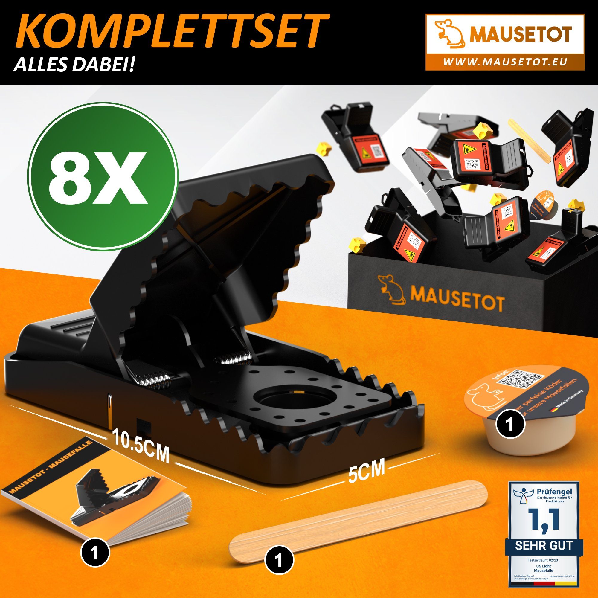 CS Light Schlagfalle Mausefalle [8er Set] inkl. Köder, Komplettset, giftfrei, extrem effektiv, Tierschutzgerecht - Sofort startklar