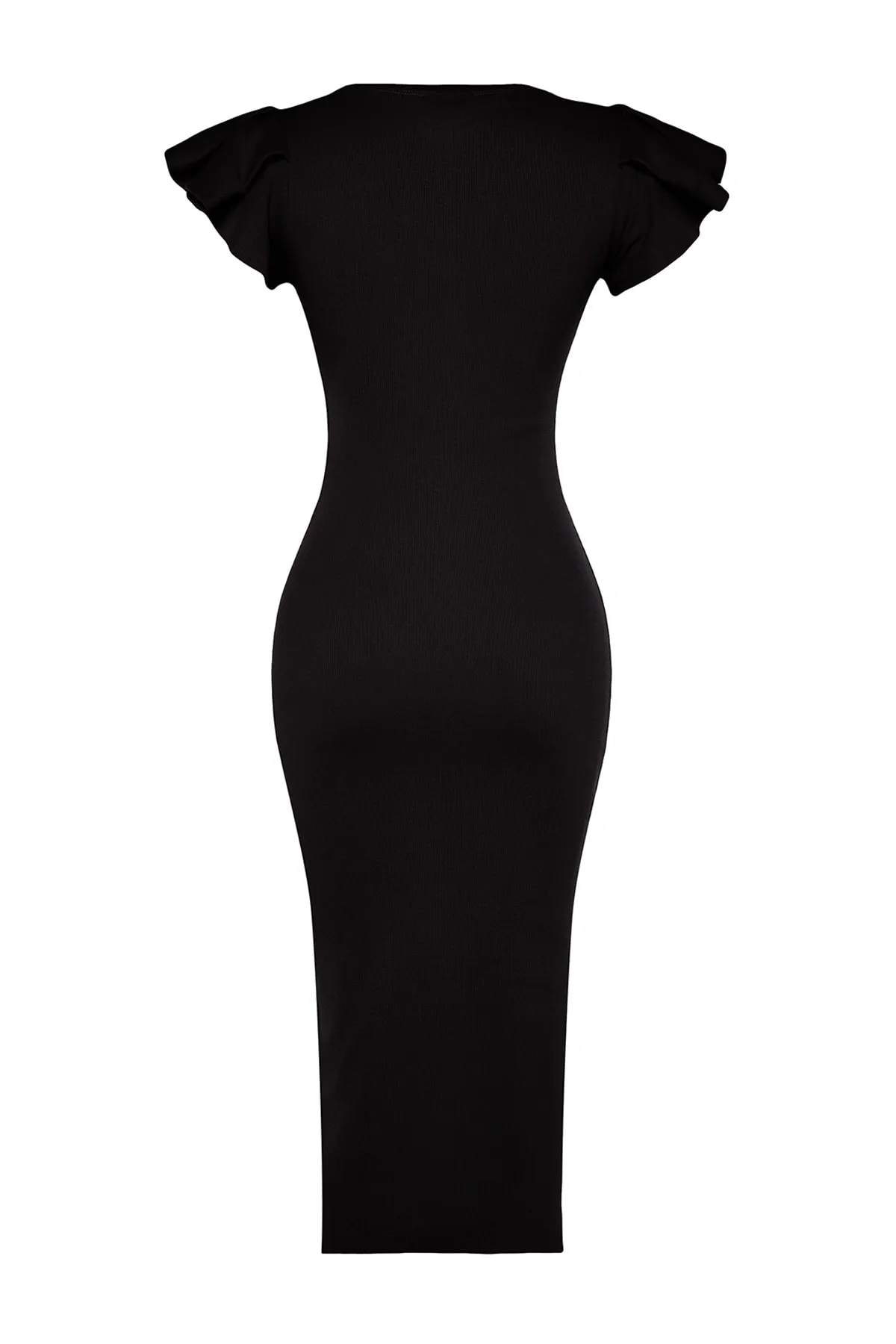 Trendyol Collection  Schwarzes, figurbetontes Midi-Bleistiftkleid aus flexiblem Strick mit gerippten Ärmeln und Volant TWOSS23EL01708