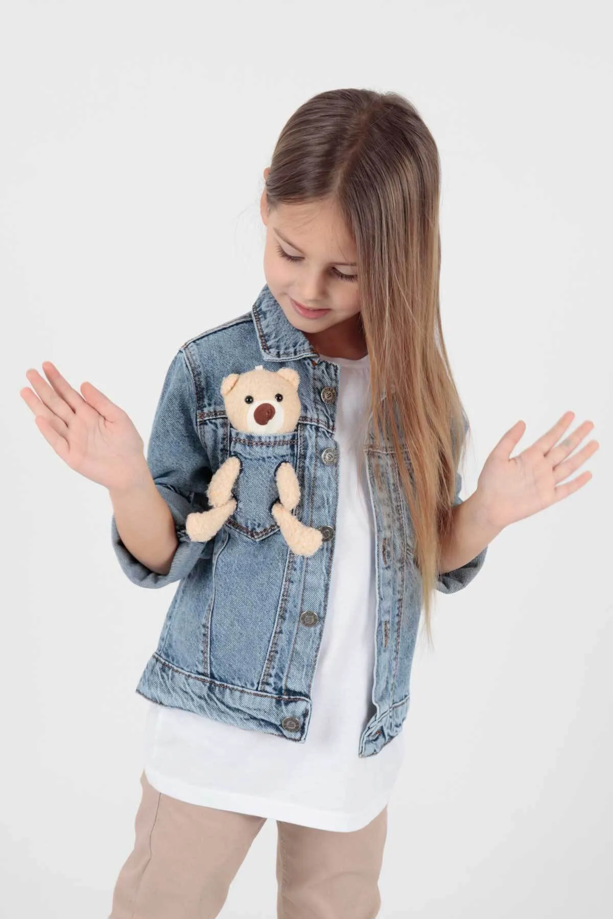 AHENGİM  Mädchen-Jeansjacke aus Baumwolle mit Teddybär-Motiv, lässig, modisch, Ak22176023