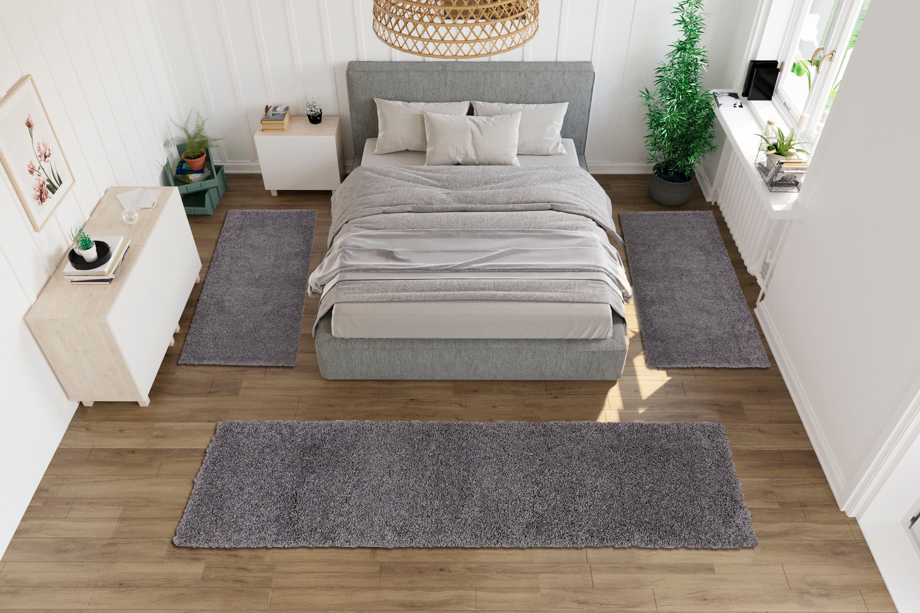 Bettumrandung Shaggy 30 Home affaire, Höhe 30 mm, (3-tlg), gewebt, 2- oder 3-teilig, Bettvorleger, Läufer-Set, Uni-Farben