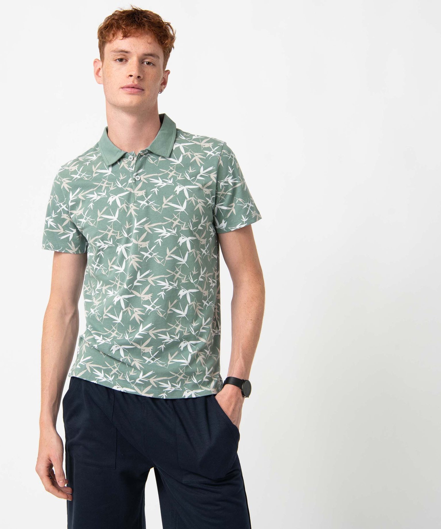 Polo homme à manches courtes avec motif feuillage vert | GEMO