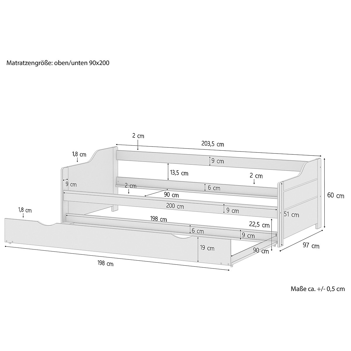 Set: Sofabett weiß aus Kiefer, Rost, Matratze 90x200