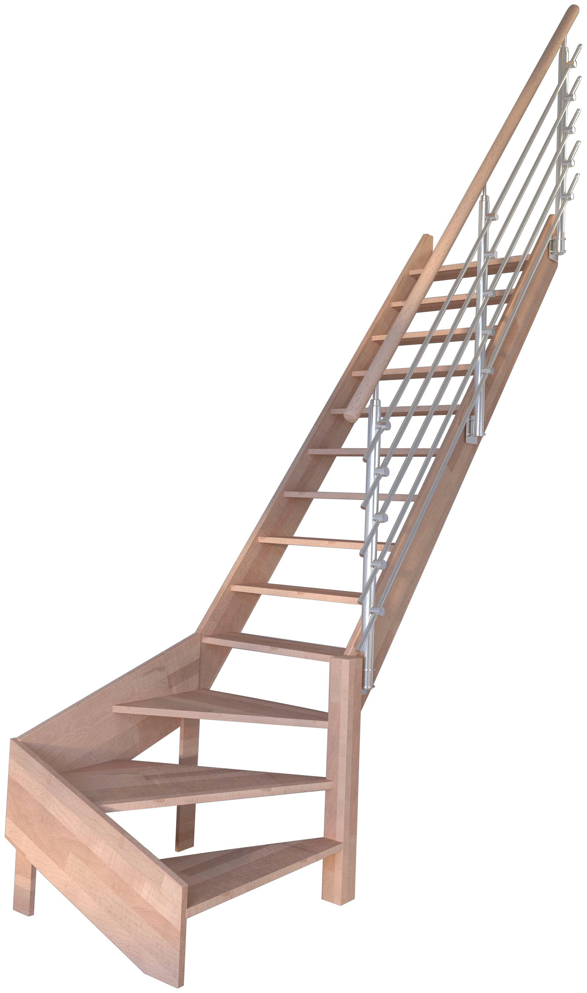 Starwood Raumspartreppe Massivholz Rhodos, Design-Geländer Edelstahl, für Geschosshöhen bis 300 cm, Stufen offen, gewendelt Rechts, Durchgehende Wangenteile