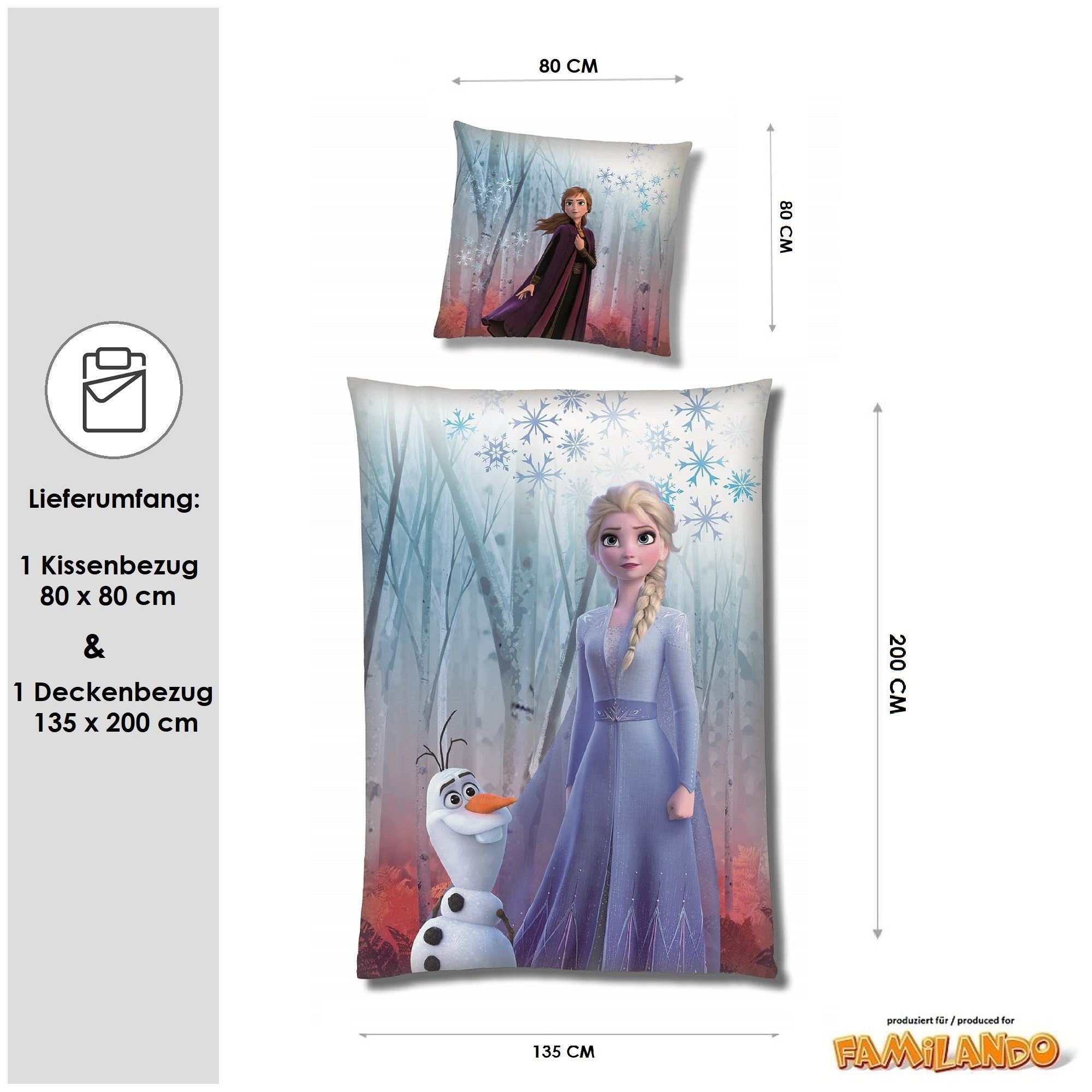 Kinderbettwäsche Frozen Eiskönigin 135x200 80x80 cm, extra flauschig mit Reißverschluss, Familando, Fleece, 2 teilig, mit Anna, Elsa und Olaf im Zauberwald