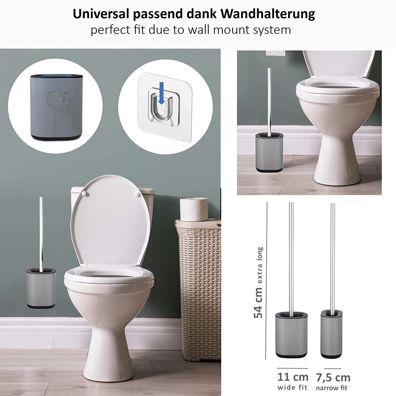 Arteneur WC-Reinigungsbürste 3in1 Toilettenbürste aus Silikon mit WC Bürsten Halter, Badezimmer, Gästebad, WC, WC Bürste ist auswechselbar, rostfrei, WC-Bürstenhalter inkl. WC Bürste+Stiel