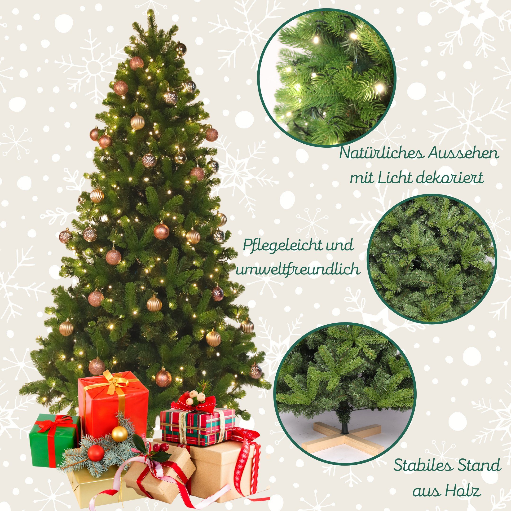 TAB Künstlicher Weihnachtsbaum Gute Qualität Künstlicher Weihnachtsbaum, mit 1500 Spitzen und 500 LED Lichtern, Schnellaufbau mit Klappsystem