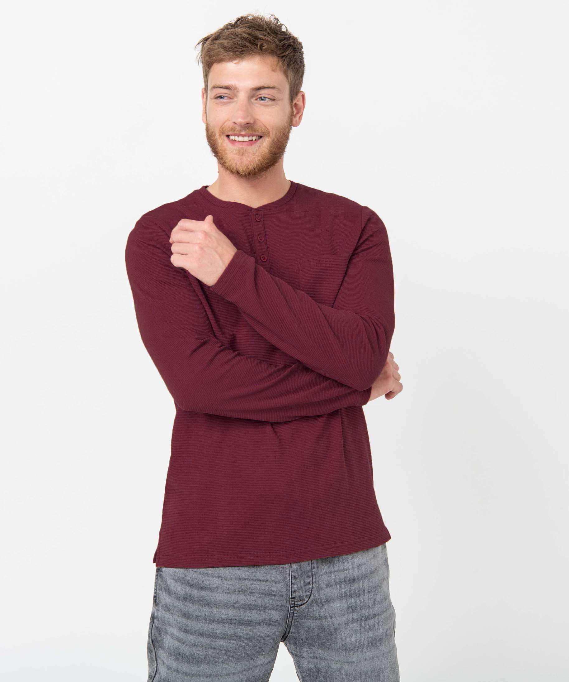 Tee-shirt homme à manches longues à col boutonné rouge | GEMO