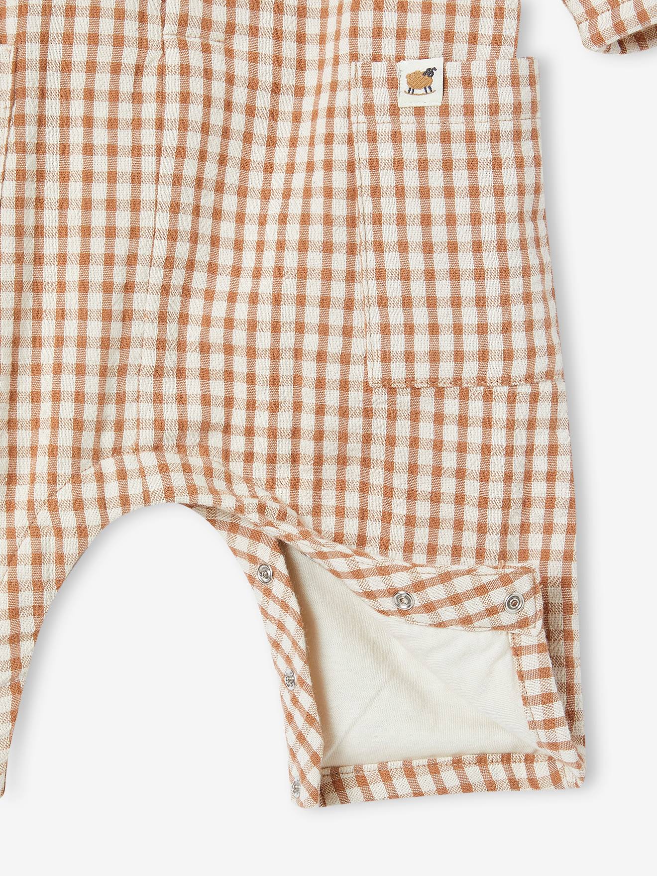 Combinaison en gaze de coton bébé doublée carreaux marron